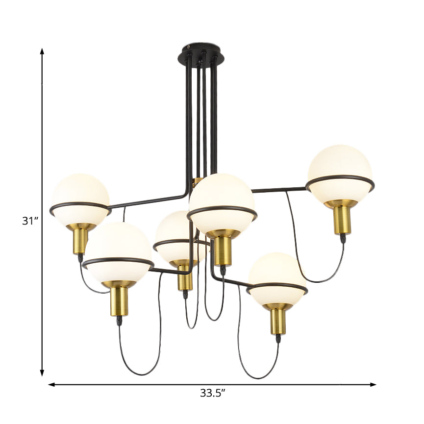 Lustre radial moderne en or avec abat-jour sphérique en verre blanc - Luminaire suspendu en métal à plusieurs lumières