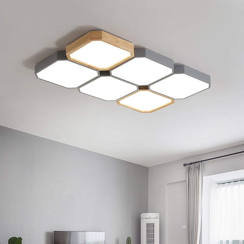 LED Checkered Ceiling Light: Nordic Grey Metal and Wood Fixture for Living Room