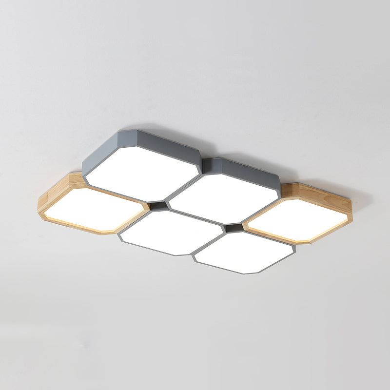 LED Checkered Ceiling Light: Nordic Grey Metal and Wood Fixture for Living Room
