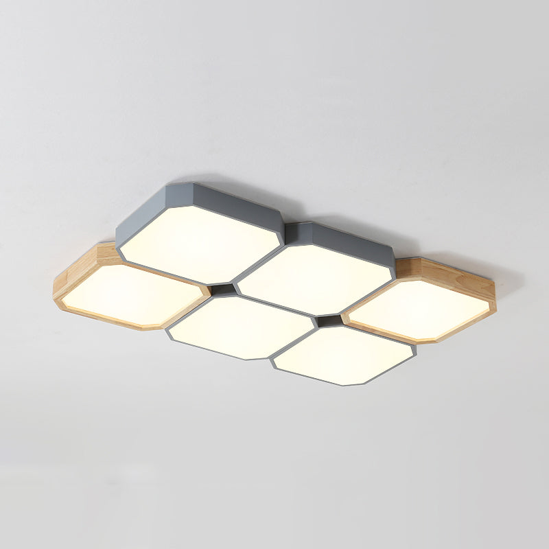 LED Checkered Ceiling Light: Nordic Grey Metal and Wood Fixture for Living Room