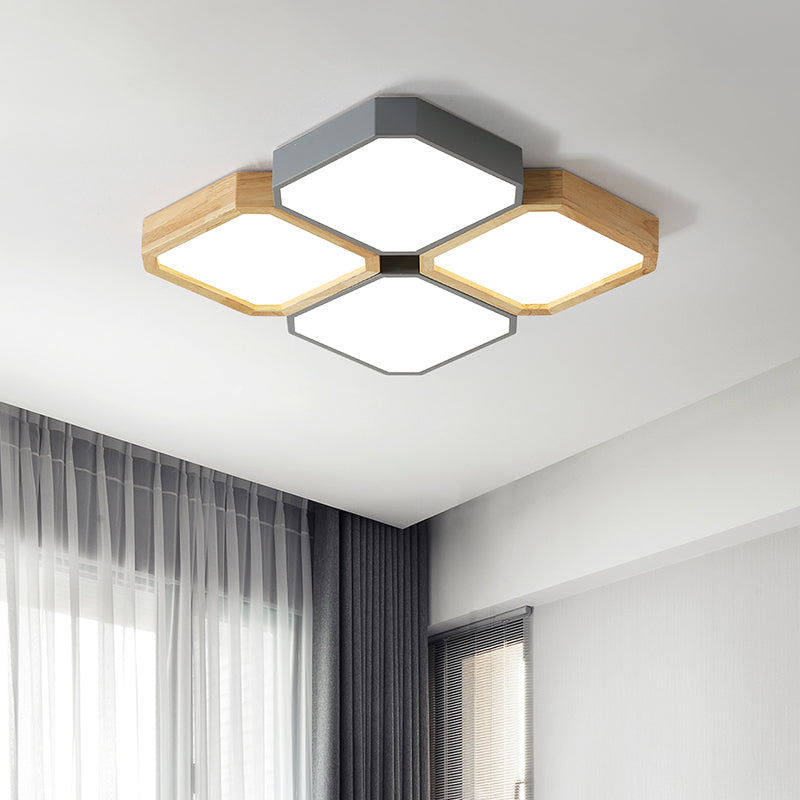 LED Checkered Ceiling Light: Nordic Grey Metal and Wood Fixture for Living Room