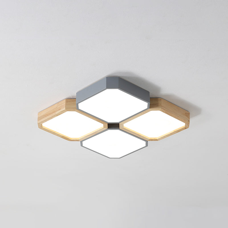 LED Checkered Ceiling Light: Nordic Grey Metal and Wood Fixture for Living Room