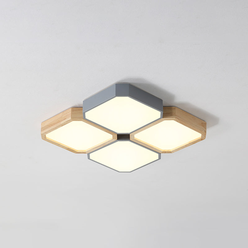 LED Checkered Ceiling Light: Nordic Grey Metal and Wood Fixture for Living Room
