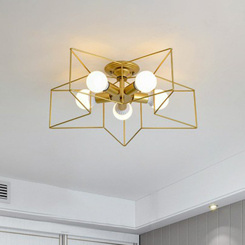 Modern Metal Ceiling Light Fixture For Bedroom - Pentagram Cage Semi Flush Mount Lamp With 5 Bulbs
