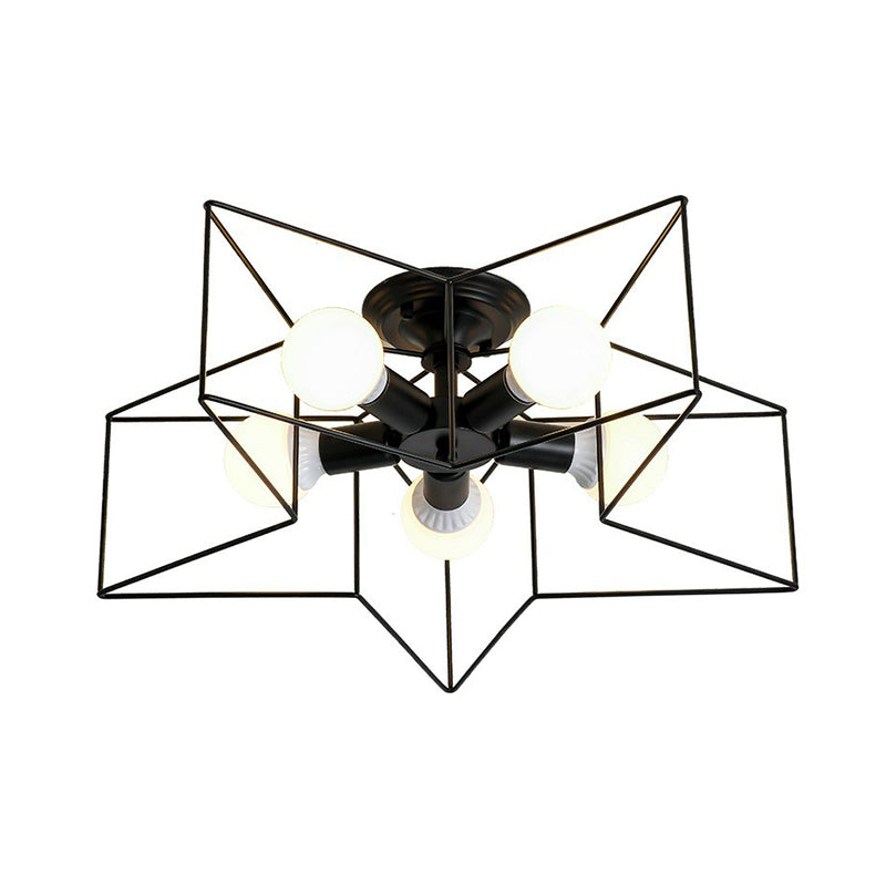 Modern Metal Ceiling Light Fixture For Bedroom - Pentagram Cage Semi Flush Mount Lamp With 5 Bulbs