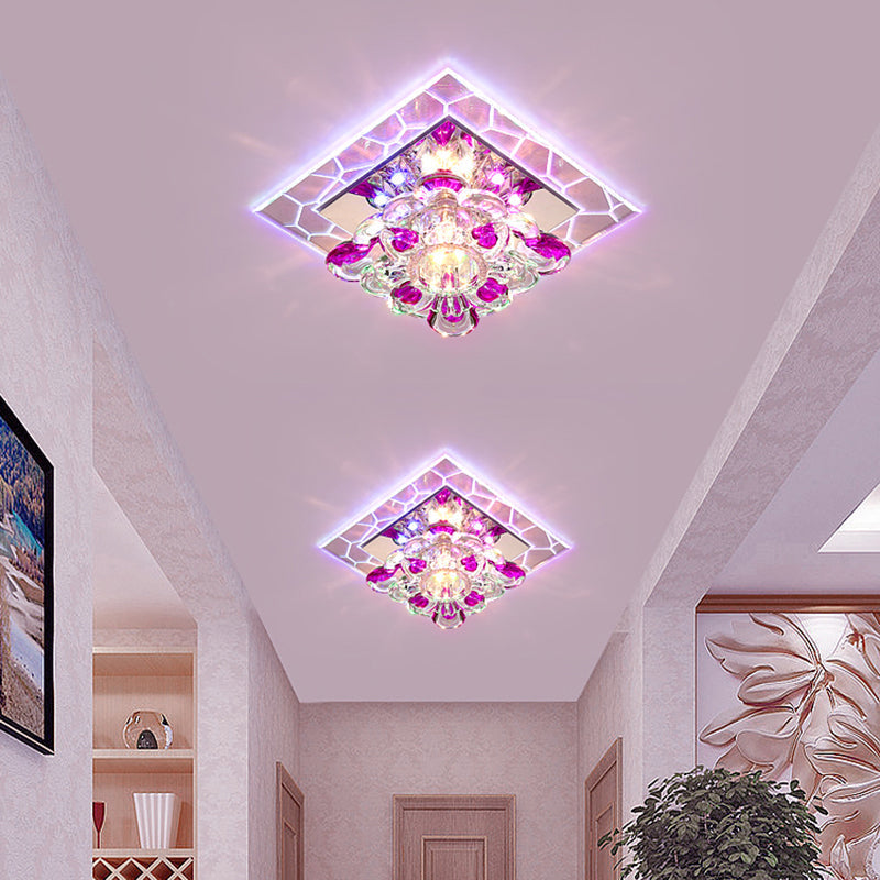 Plafonnier LED carré en acrylique moderne avec abat-jour en forme de fleur en cristal