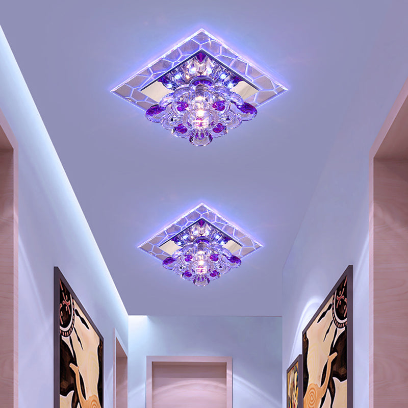 Plafonnier LED carré en acrylique moderne avec abat-jour en forme de fleur en cristal