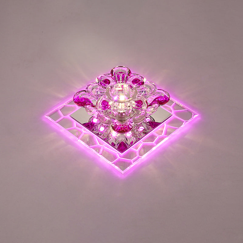 Plafonnier LED carré en acrylique moderne avec abat-jour en forme de fleur en cristal
