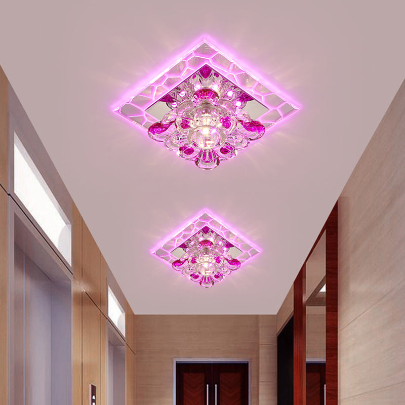 Plafonnier LED carré en acrylique moderne avec abat-jour en forme de fleur en cristal