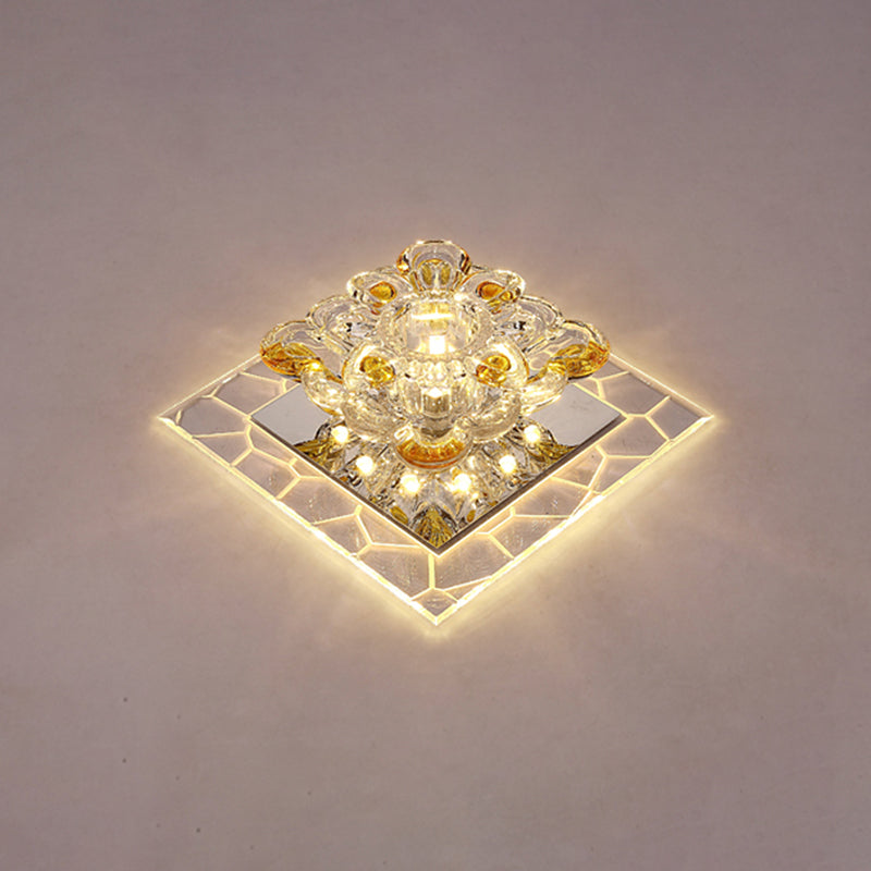 Plafonnier LED carré en acrylique moderne avec abat-jour en forme de fleur en cristal