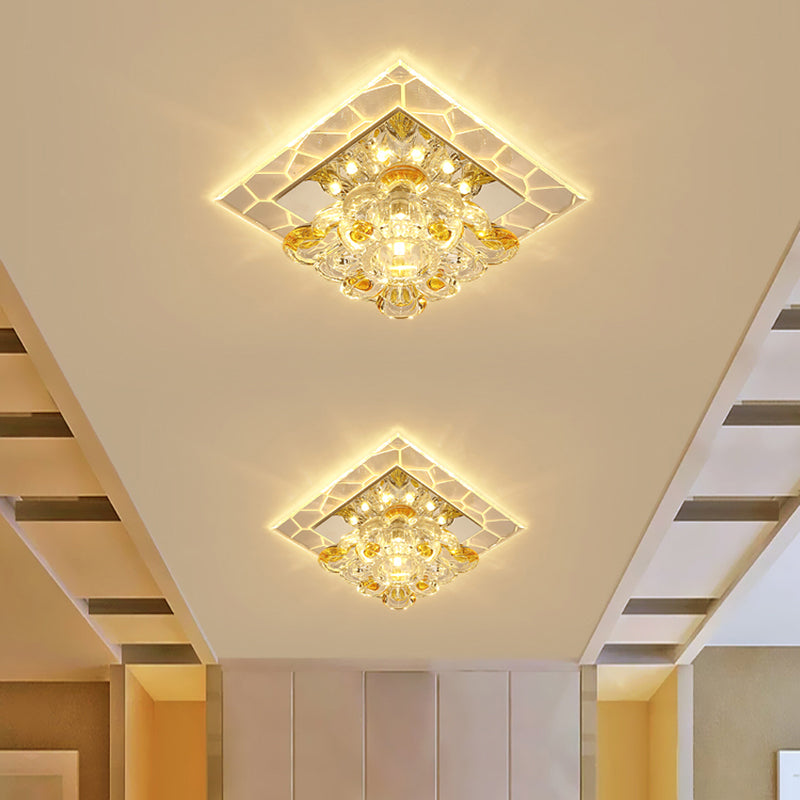 Plafonnier LED carré en acrylique moderne avec abat-jour en forme de fleur en cristal