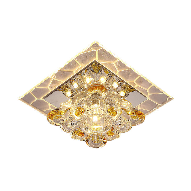 Plafonnier LED carré en acrylique moderne avec abat-jour en forme de fleur en cristal