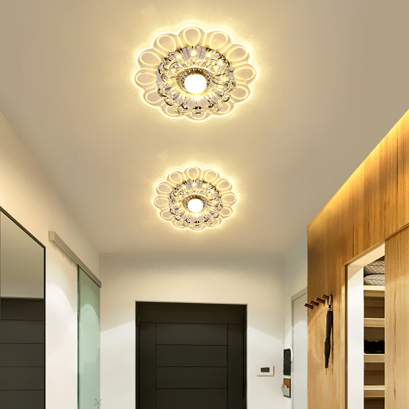 Minimalist Crystal LED Flush Mount Ceiling Light with Floral Design - Ideal for Foyer, Clear Crystal Lamp