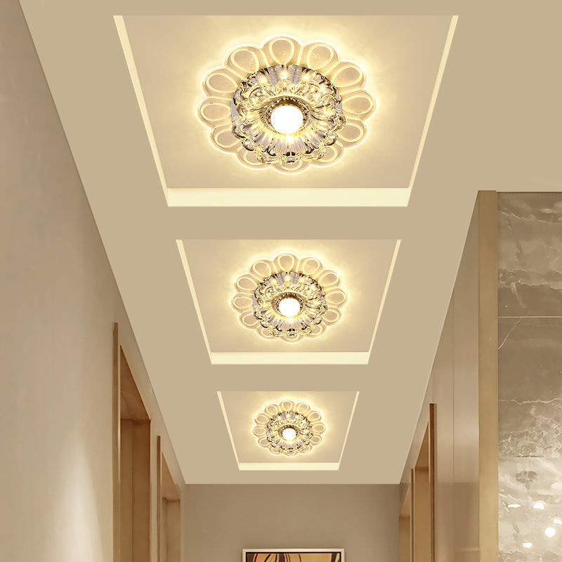 Minimalist Crystal LED Flush Mount Ceiling Light with Floral Design - Ideal for Foyer, Clear Crystal Lamp