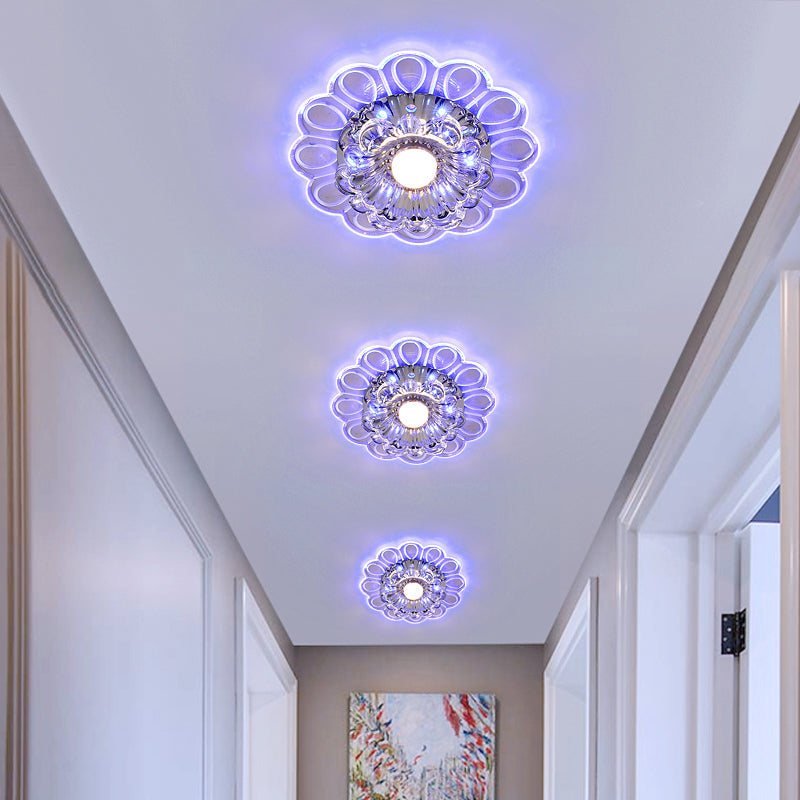 Minimalist Crystal LED Flush Mount Ceiling Light with Floral Design - Ideal for Foyer, Clear Crystal Lamp