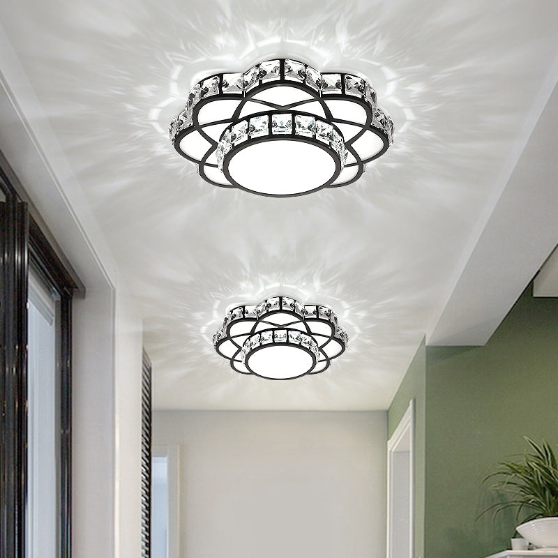 Modern Crystal LED Flush Mount Ceiling Light - Black Floral Design for Gallery