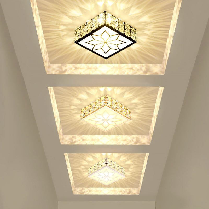 Minimalist Black LED Flush Mount Light with Inlaid Crystal for Corridor Ceiling Lighting