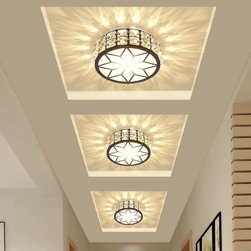 Minimalist Black Metal Round LED Ceiling Spotlight with Crystal Inserts - Flush Mount Lighting