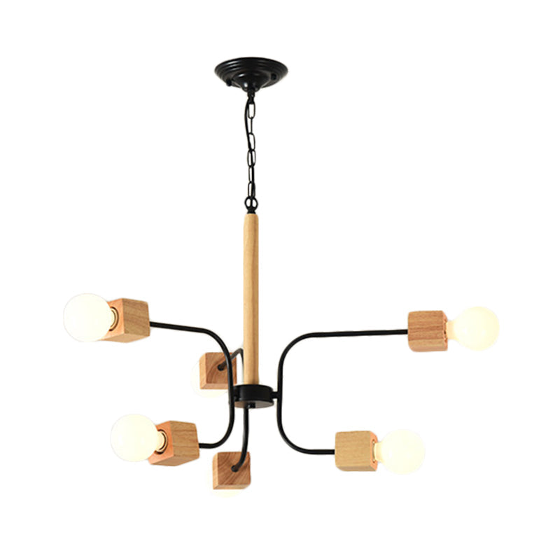 Lustre suspendu à bras courbés moderniste : lampe suspendue en bois à plusieurs lumières blanche/noire avec chaîne