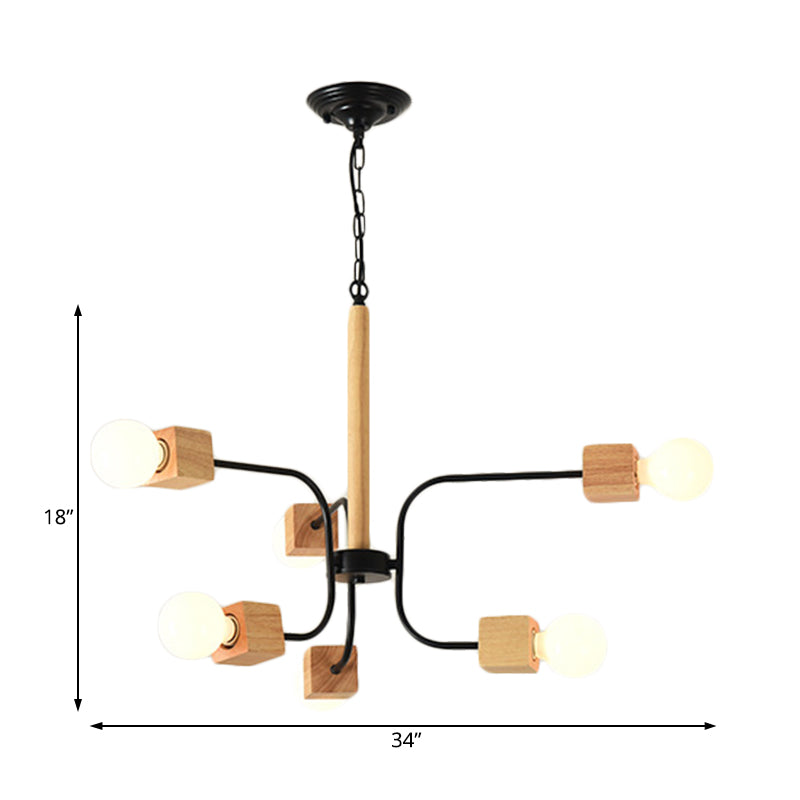 Lustre suspendu à bras courbés moderniste : lampe suspendue en bois à plusieurs lumières blanche/noire avec chaîne