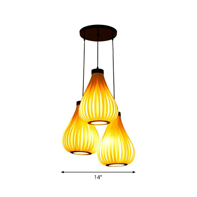 Asian Teardrop Pendant Light Trio - Wooden Cluster For Restaurant Ceilings