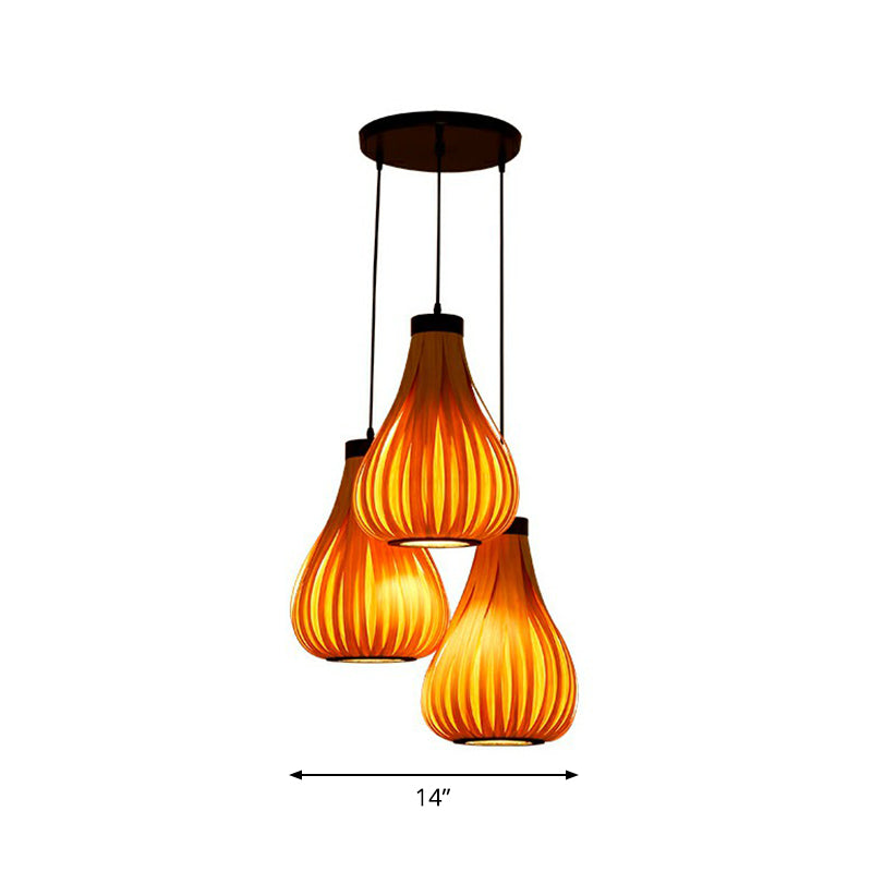 Asian Teardrop Pendant Light Trio - Wooden Cluster For Restaurant Ceilings Brown / Round