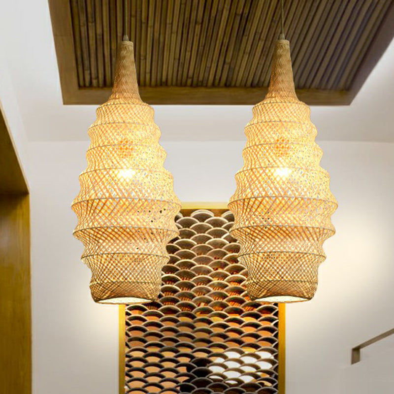 Bamboo Cage Pendant Light - 1-Head Wood Suspension Fixture For Restaurant