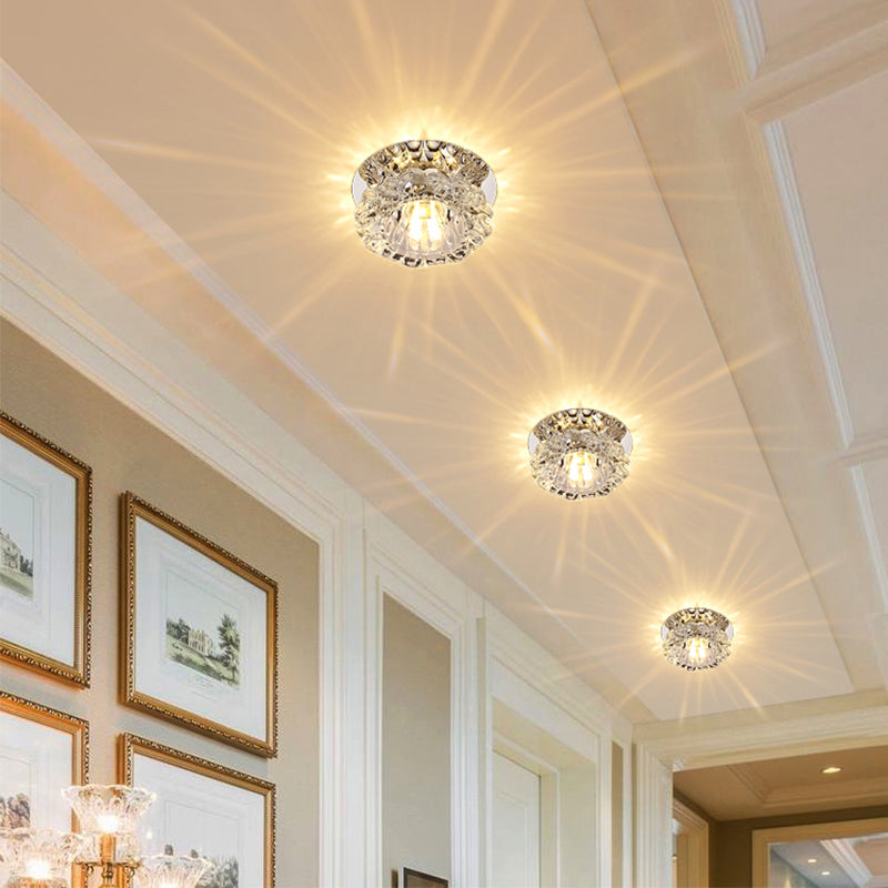 Floral Flush Mount LED Ceiling Lamp with Clear Crystal Accents - Minimalistic Stainless Steel Design for Hallways