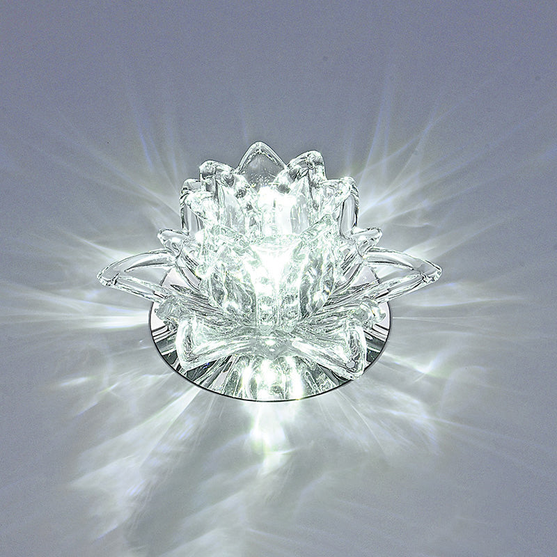 Modern Lotus Blossom LED Flush Mount Ceiling Light with Clear Crystal Accent - Ideal for Hallway and Corridors