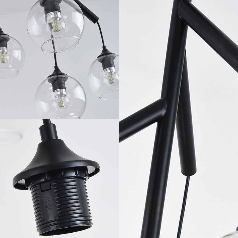 Contemporary Metal Branch Chandelier - 4-Light Black Pendant Lamp with Clear Glass Shade