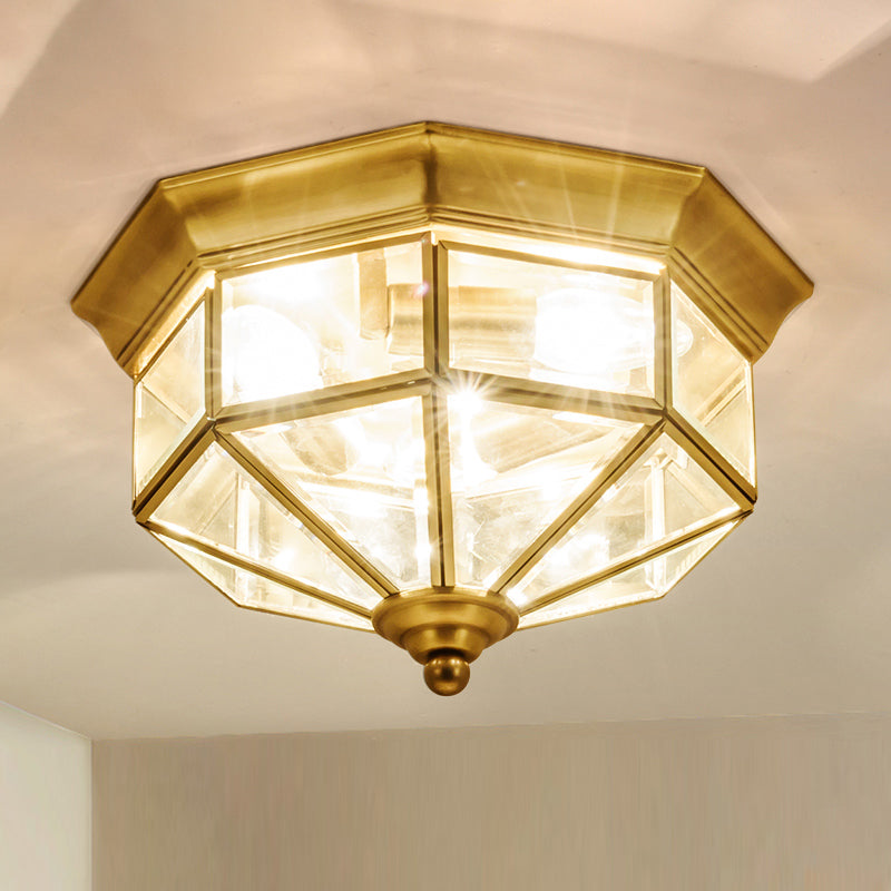 Traditional Gold Flush Mount Foyer Ceiling Light with Octagon Glass Shade - 3 Lights