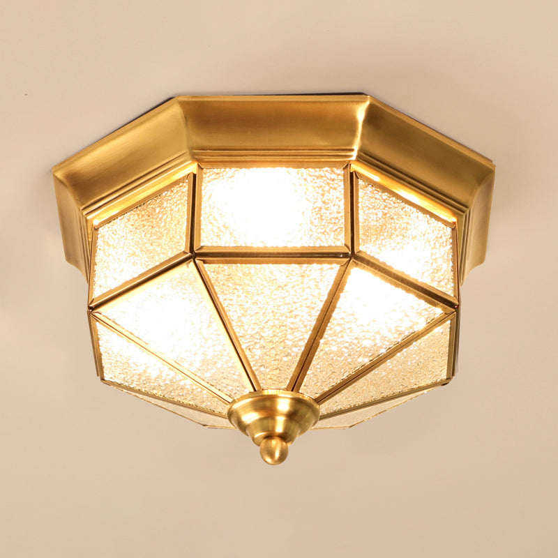 Traditional Gold Flush Mount Foyer Ceiling Light with Octagon Glass Shade - 3 Lights