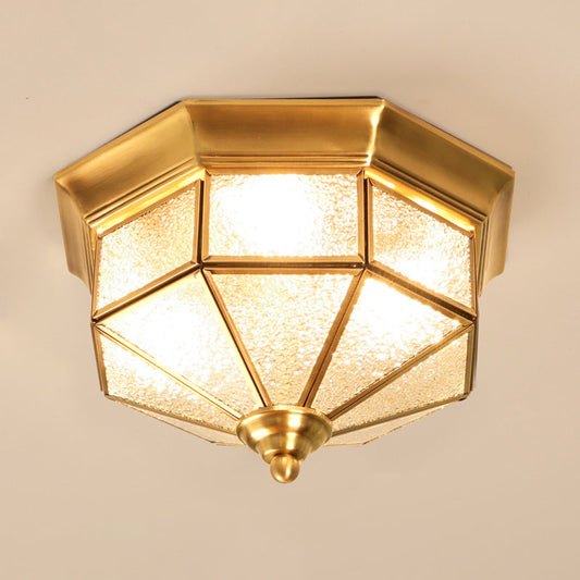 Traditional Gold Flush Mount Foyer Ceiling Light with Octagon Glass Shade - 3 Lights