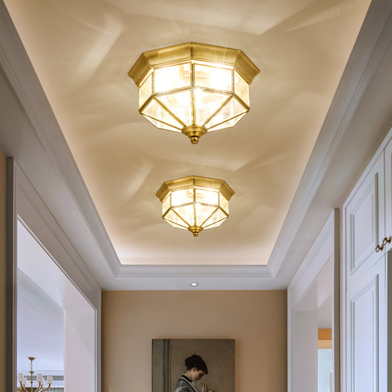Traditional Gold Flush Mount Foyer Ceiling Light with Octagon Glass Shade - 3 Lights