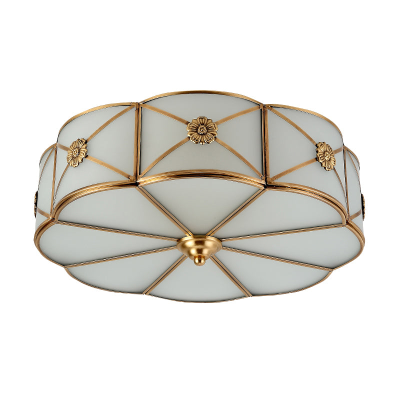 Antique White Glass Brass Flush-Mount Ceiling Light for Living Room with X-Brace and Floral Design