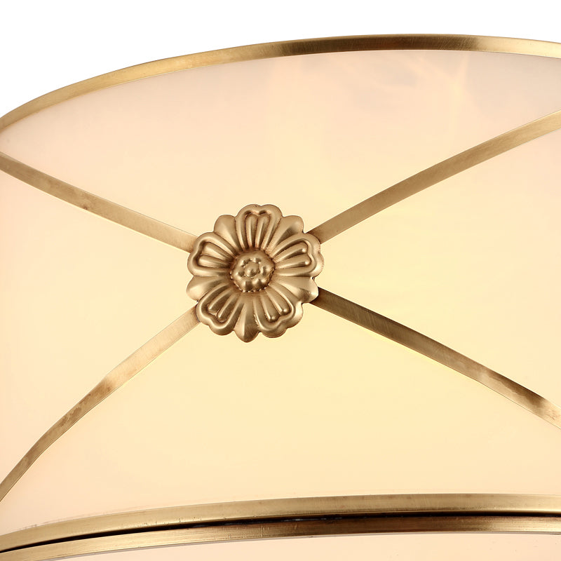 Antique White Glass Brass Flush-Mount Ceiling Light for Living Room with X-Brace and Floral Design
