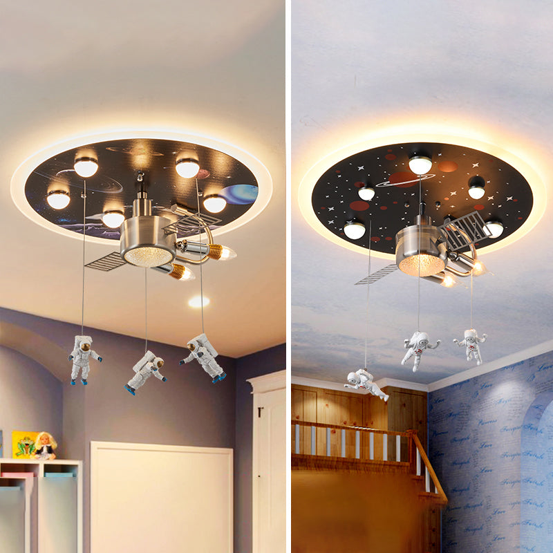 Satellite Astronaut-themed Metal Flushmount Ceiling Light with 3-Bulb for Children's Room