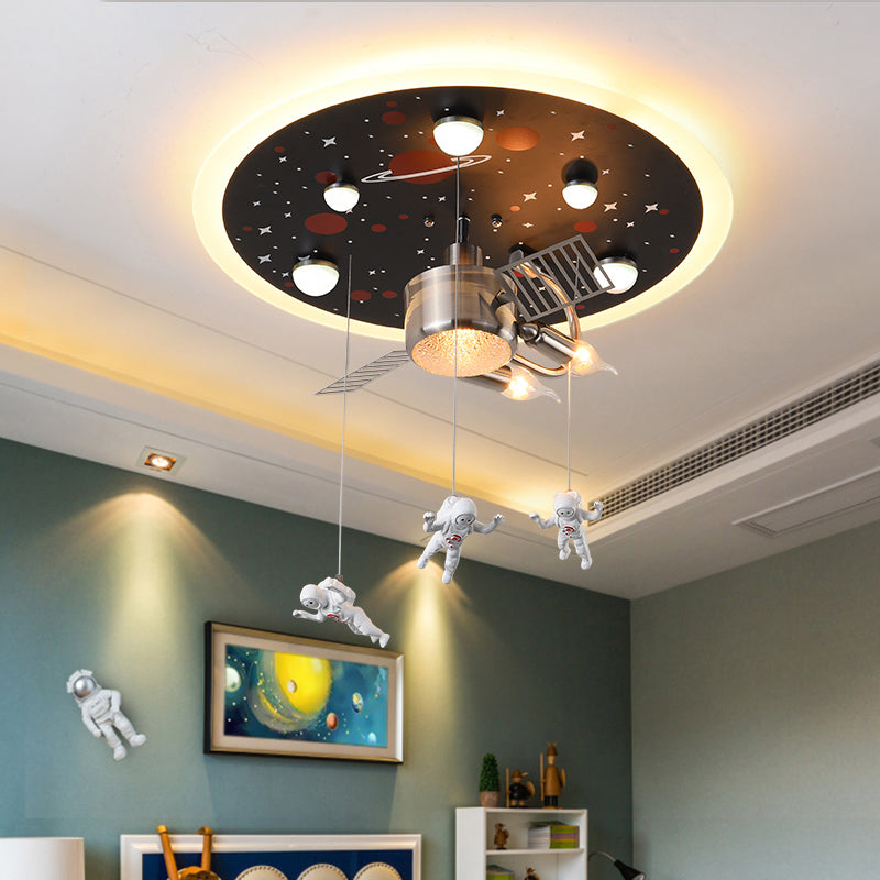 Satellite Astronaut-themed Metal Flushmount Ceiling Light with 3-Bulb for Children's Room