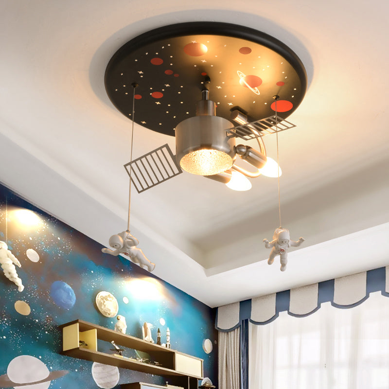 Satellite Astronaut-themed Metal Flushmount Ceiling Light with 3-Bulb for Children's Room