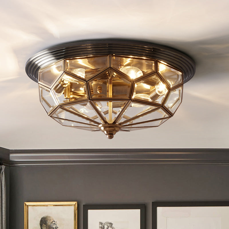 Antique Black & Brass Bedroom Flushmount Light with Clear Glass