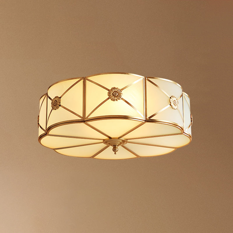 Traditional Scalloped Glass Ceiling Lamp in White & Brass for Bedroom Flush Mount Lighting