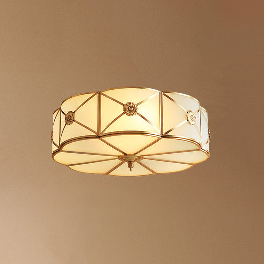 Traditional Scalloped Glass Ceiling Lamp in White & Brass for Bedroom Flush Mount Lighting