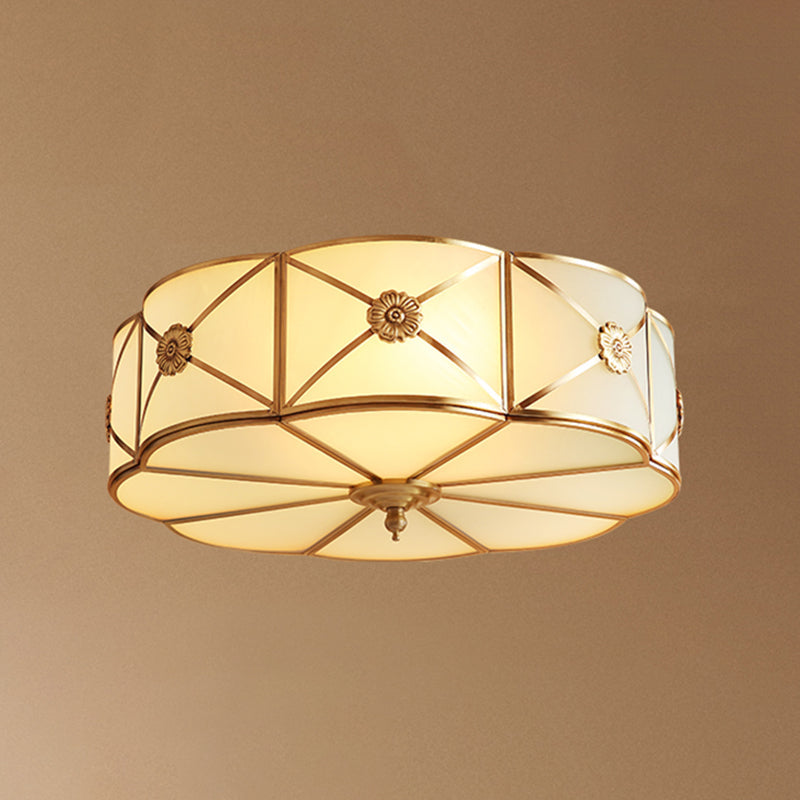 Traditional Scalloped Glass Ceiling Lamp in White & Brass for Bedroom Flush Mount Lighting