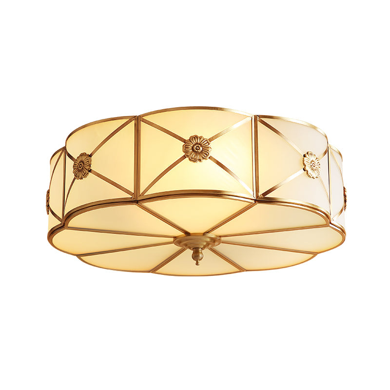 Traditional Scalloped Glass Ceiling Lamp in White & Brass for Bedroom Flush Mount Lighting