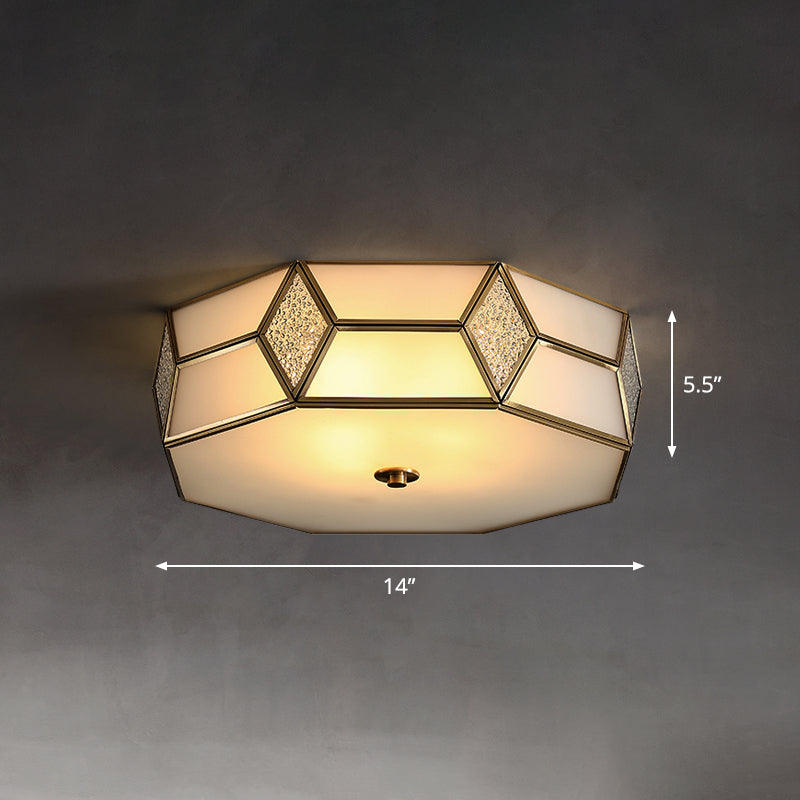 Octagon Flush Mount Bedroom Ceiling Light Fixture with Minimalistic Textured White Glass and Brass Trim