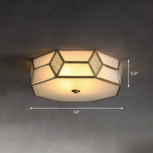 Octagon Flush Mount Bedroom Ceiling Light Fixture with Minimalistic Textured White Glass and Brass Trim