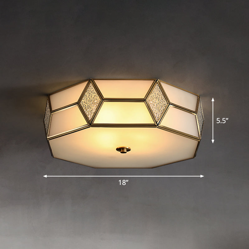 Octagon Flush Mount Bedroom Ceiling Light Fixture with Minimalistic Textured White Glass and Brass Trim