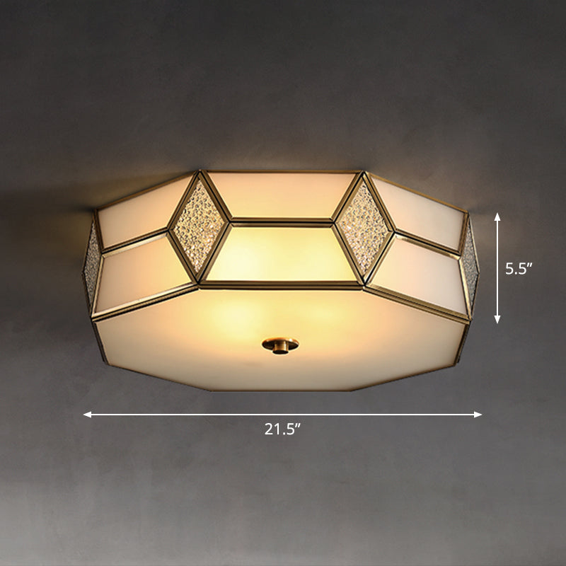 Octagon Flush Mount Bedroom Ceiling Light Fixture with Minimalistic Textured White Glass and Brass Trim