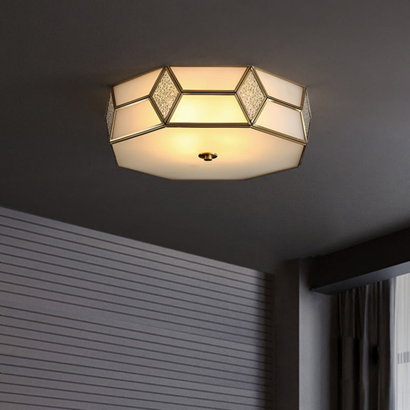 Octagon Flush Mount Bedroom Ceiling Light Fixture with Minimalistic Textured White Glass and Brass Trim