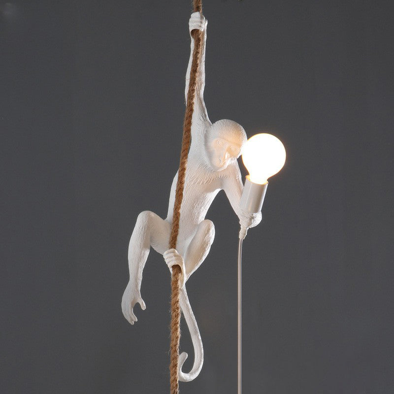 Monkey Resin Pendant Lamp With Hanging Rope - Artistic Ceiling Light Sculpture 1 Bulb White